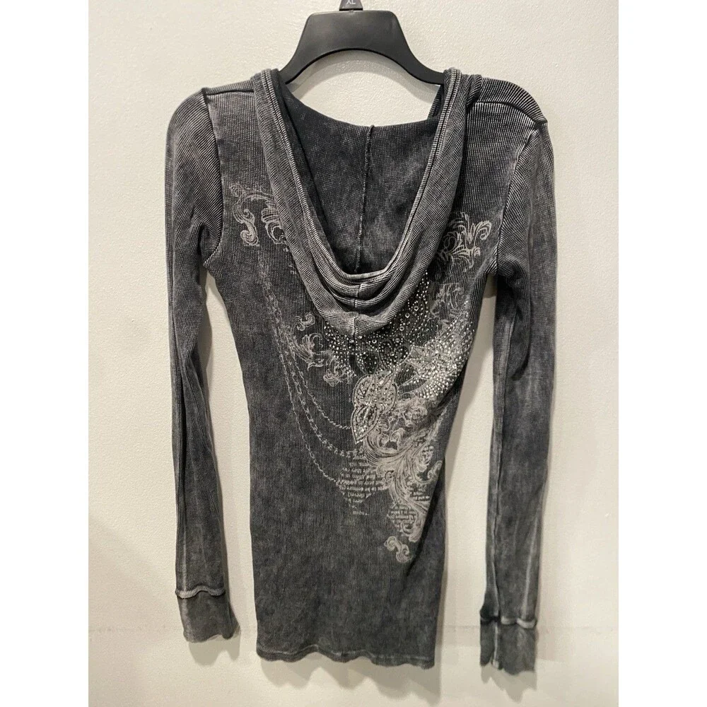 Vtg Y2K stonewashed Graphic Thermal Henley Hoodie Rhinestone embellished Sz M